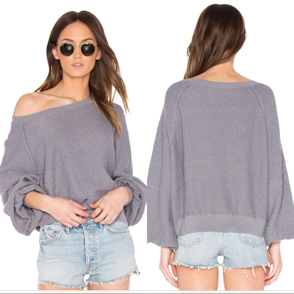 Free People Lavender Gray Textured Cozy Pullover Sweatshirt